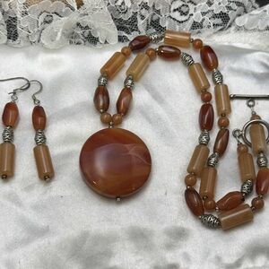 HANDCRAFTED CARNELIAN GEMSTONE AND STERLING BEADS NECKLACE AND EARRINGS